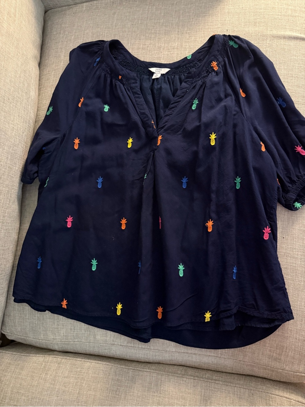 crown & ivy Navy Tunic with Multicolor Pineapple Embroidery